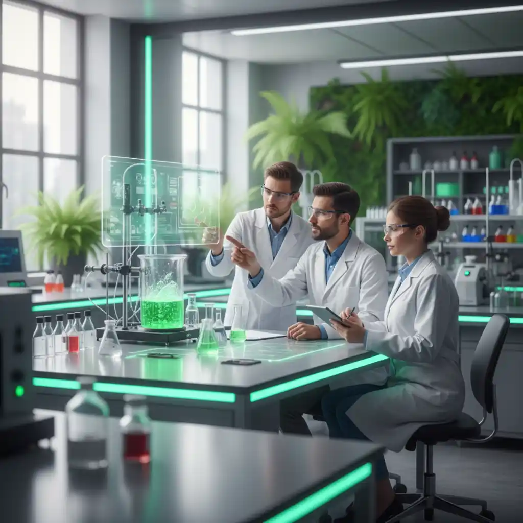 Researchers collaborating inside a bright pharmaceutical laboratory.