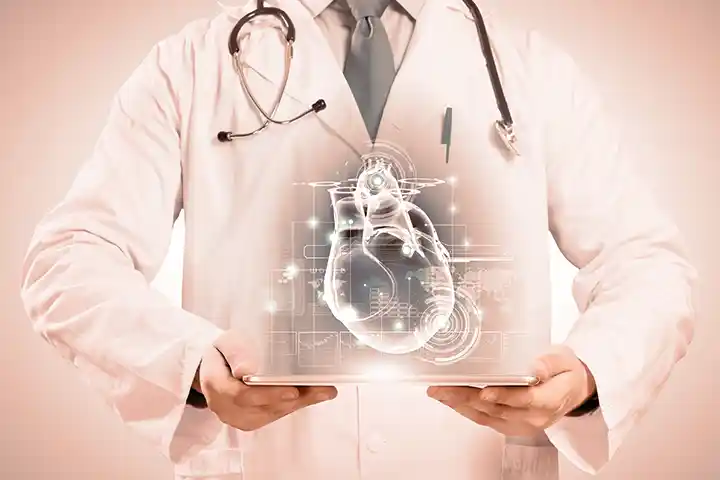 Clinician reviewing ECG output next to cardiac care supplies.