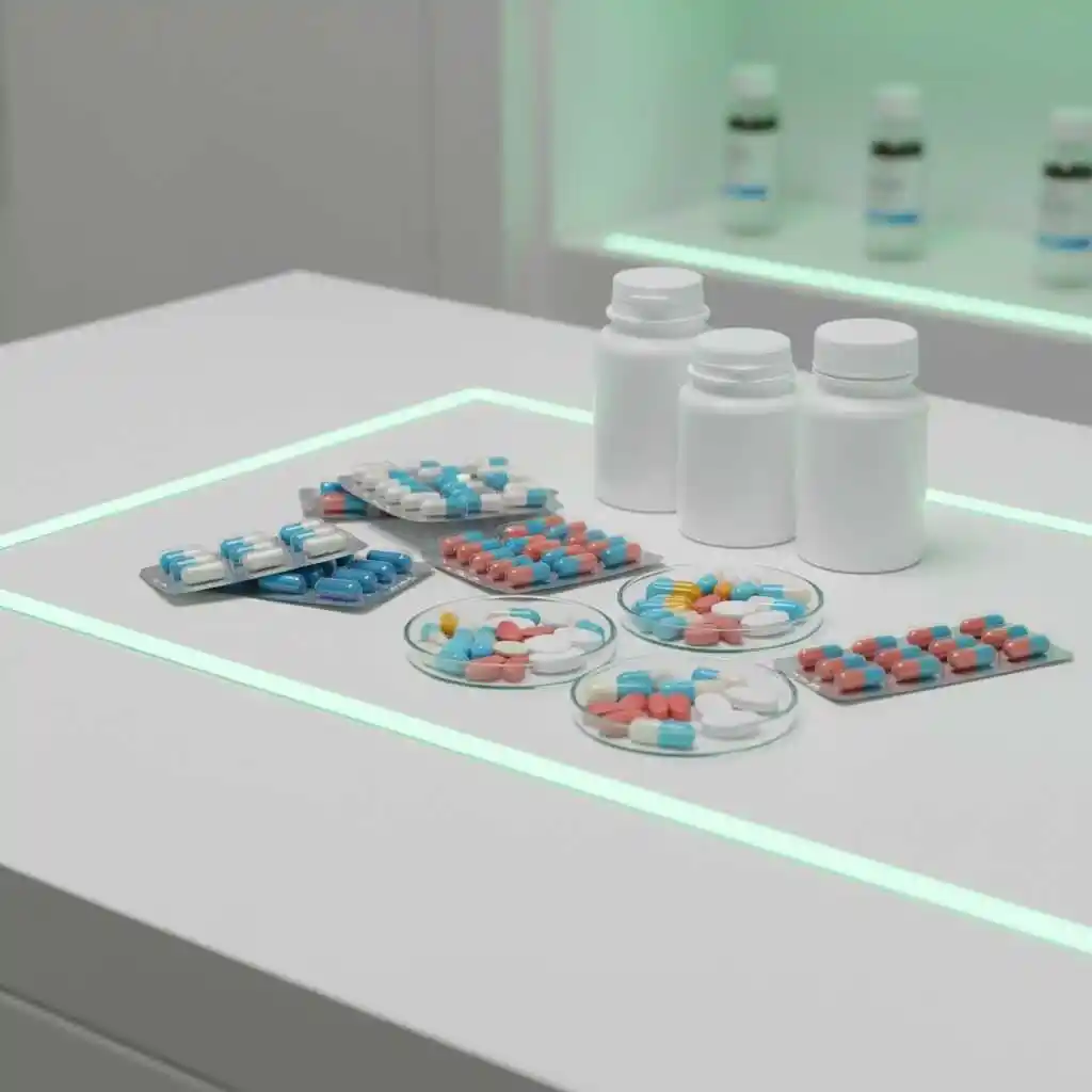 Array of capsule medicines organised on a light table.