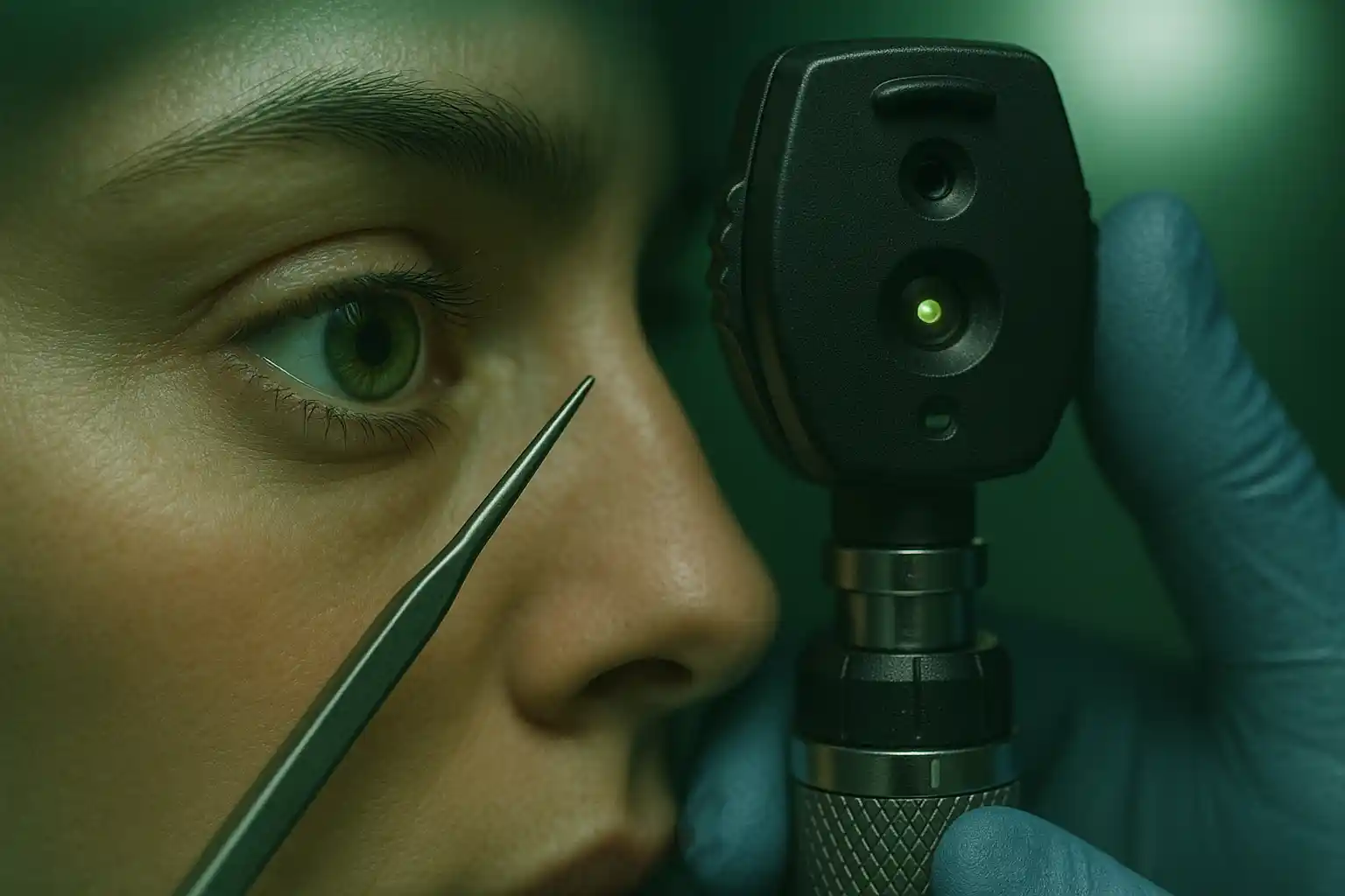 Macro shot of a lab technician inspecting an optical lens.
